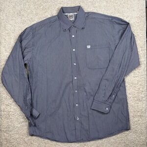 Cinch Mens Long Sleeve Button Down Shirt Navy White Stripe Embroidered Pocket M